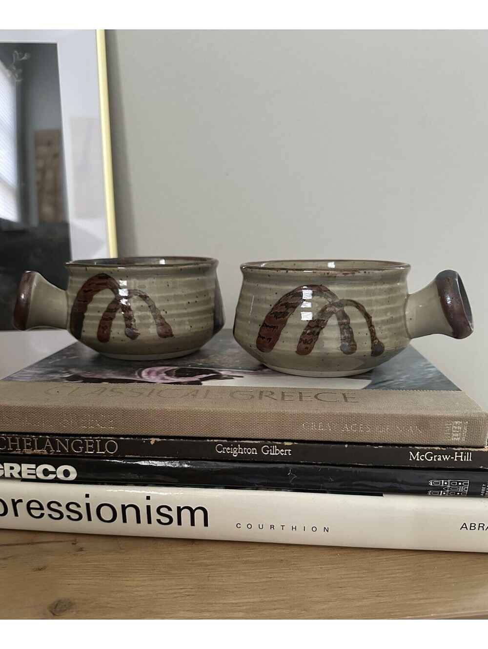 Two Vintage Takahashi Single Handle Speckled Glaze Ceramic Soup Bowls